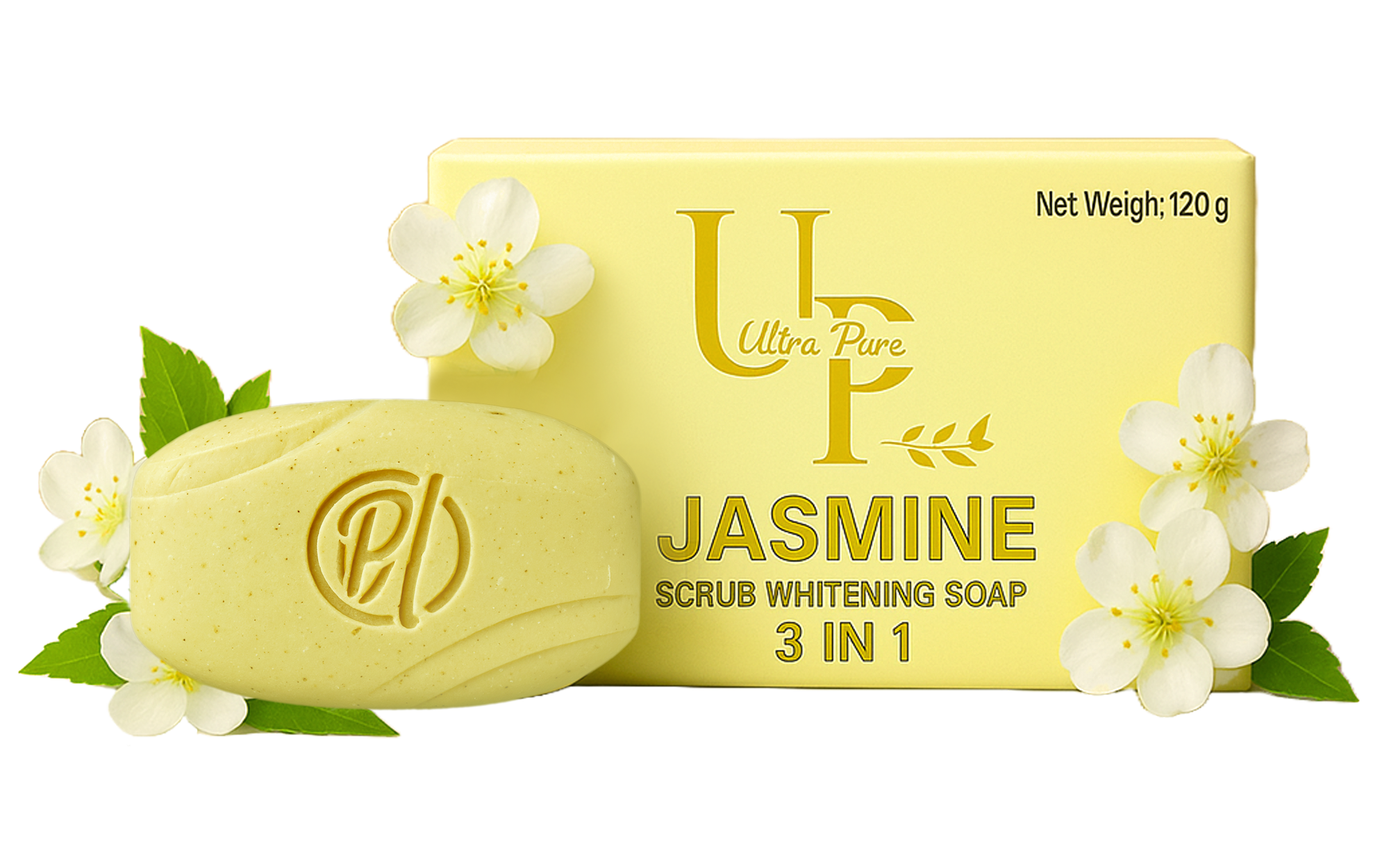 "Ultra Pure Jasmine Whitening Soap with floral petals on pink background. Oval-shaped herbal soap bar with visible natural ingredients for glowing skin, placed beside fresh jasmine flowers."