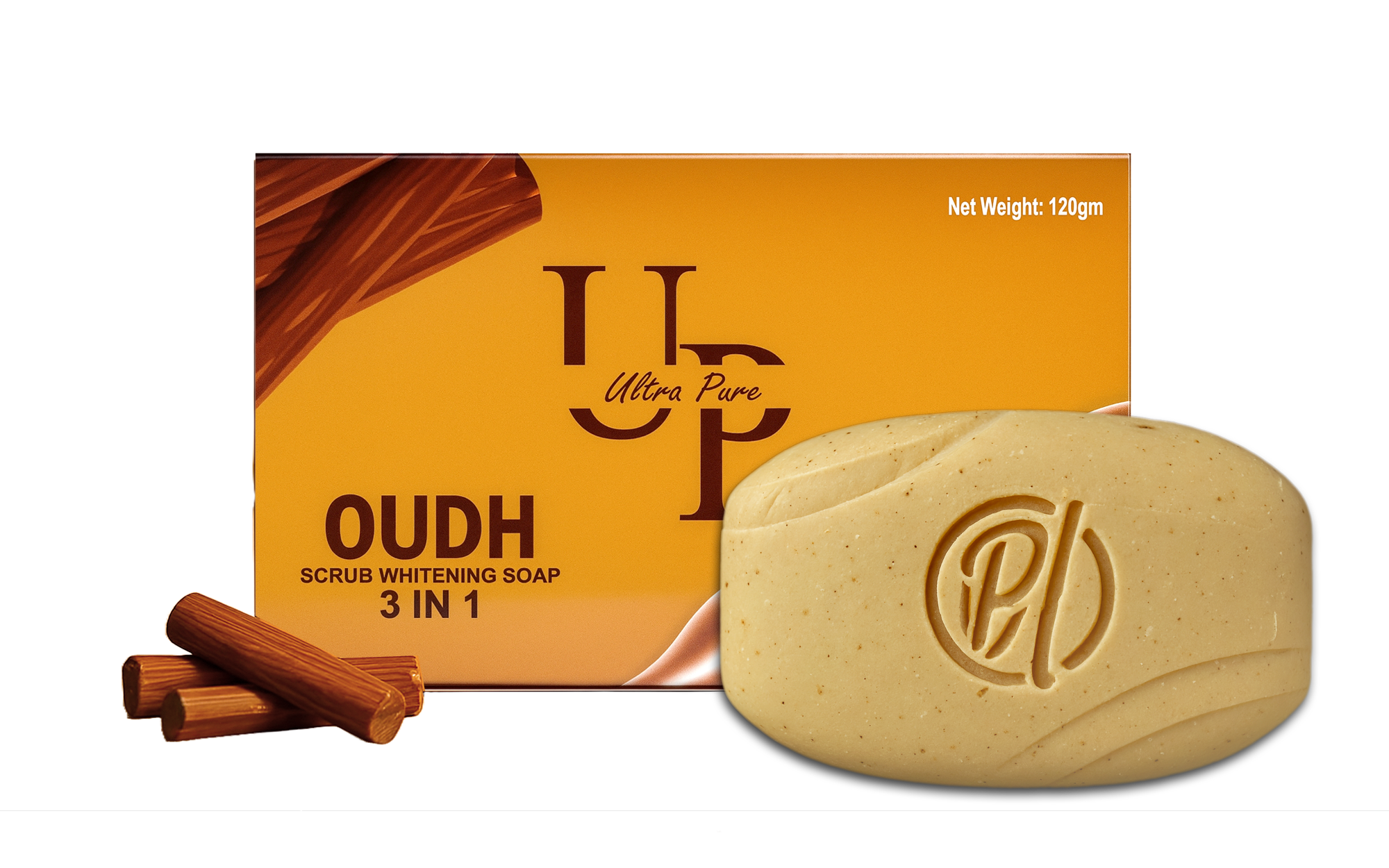 "Ultra Pure OUDH Scrub Soap with golden packaging on marble surface, showing exfoliating granules and rich texture. Luxury skincare product for glowing skin with exotic Arabian OUDH fragrance."
